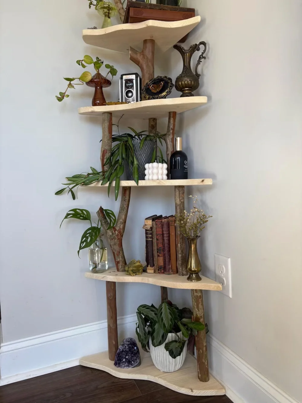 ✨🪾Handmade plant fairy decor shelf - 5 tiered corner Shelf - raw Natural wood